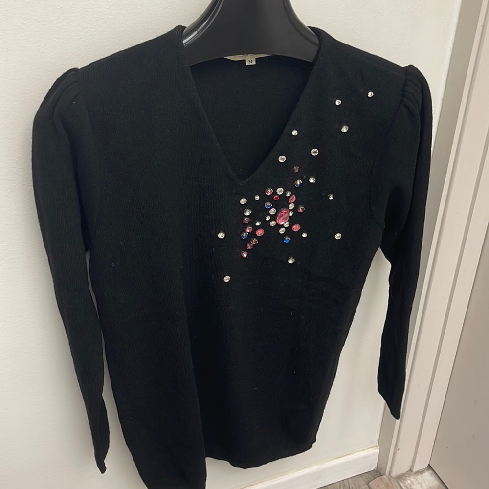 Vintage 1980s Hanae Mori designer wool hand sewn rhinestone decoration